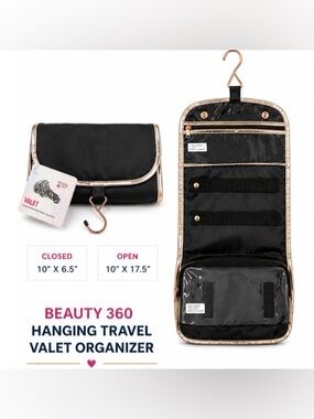 Beauty 360 Black Hanging Travel Valet Organizer with Gold Trim